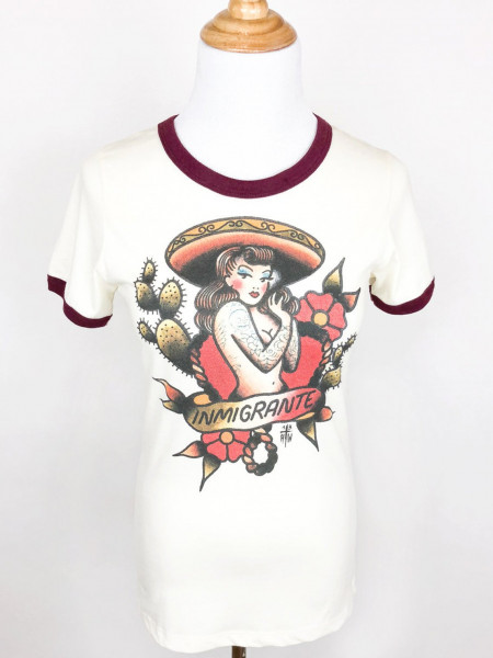 Inmigrante Ringer T-shirt in Natural/Maroon design by Howlin&#039; Wolf Tattoo